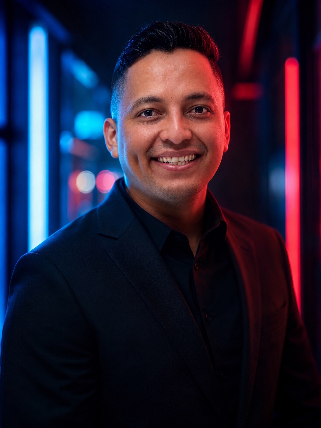 Carlos Sichaca sonriendo con iluminacion azul y roja